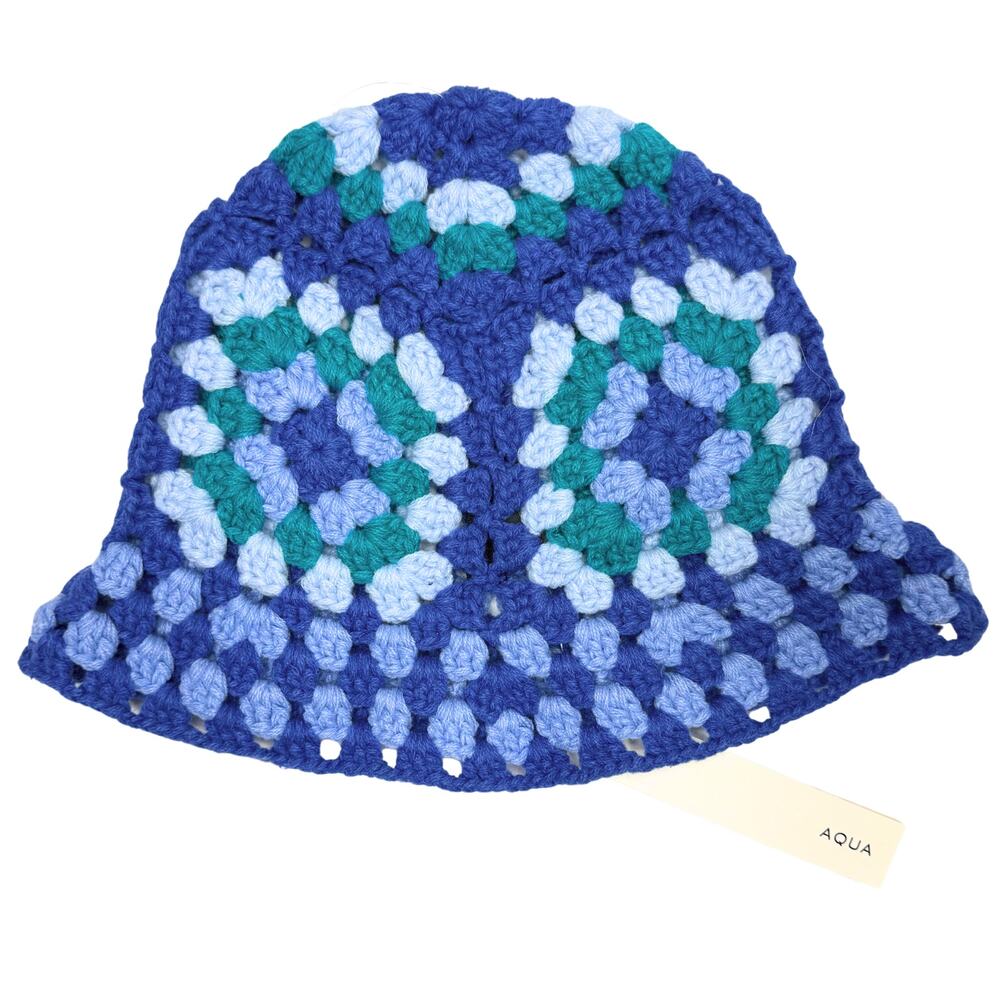 Aqua Acrylic Granny Square Crochet Bucket Beanie Hat Blue Green Cozy Festival
